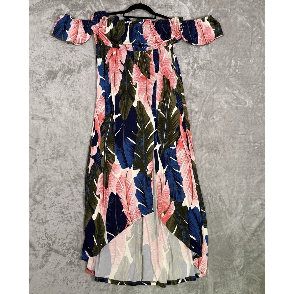 Venus Pink Tropical Maxi Dress LG Blue Multicolor Split Front Cold Shoulder